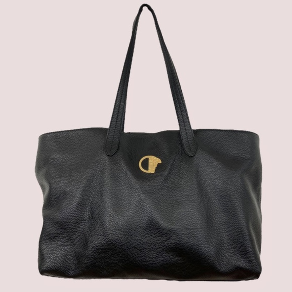 Versace Collection Black Pebble Leather Gold Logo Tote Bag